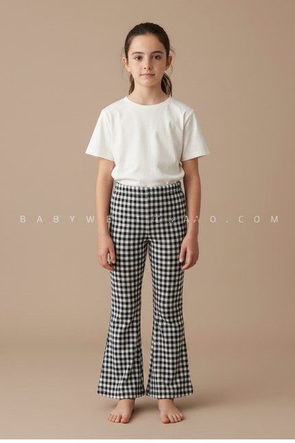 Pantalon Fluide Carreaux Vichy Noir Blanc Évasé Enfant - Imprimé Viscose