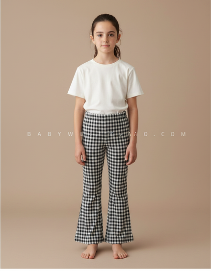 Pantalon Fluide Carreaux Vichy Noir Blanc Évasé Enfant - Imprimé Viscose