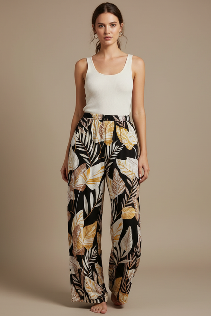 Pantalon Fluide Noir Ample Motif Feuillage Tropical - Viscose