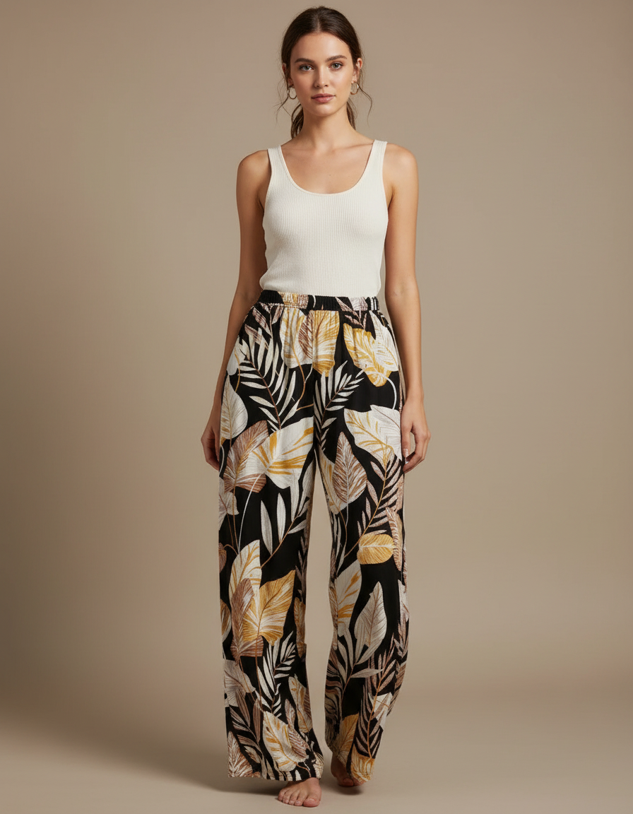 Pantalon Fluide Noir Ample Motif Feuillage Tropical - Viscose
