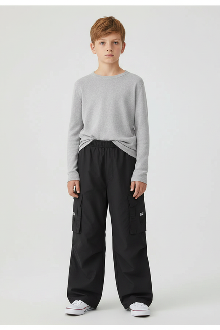 Pantalon Fluide Noir Ample Cargo Coton Enfant