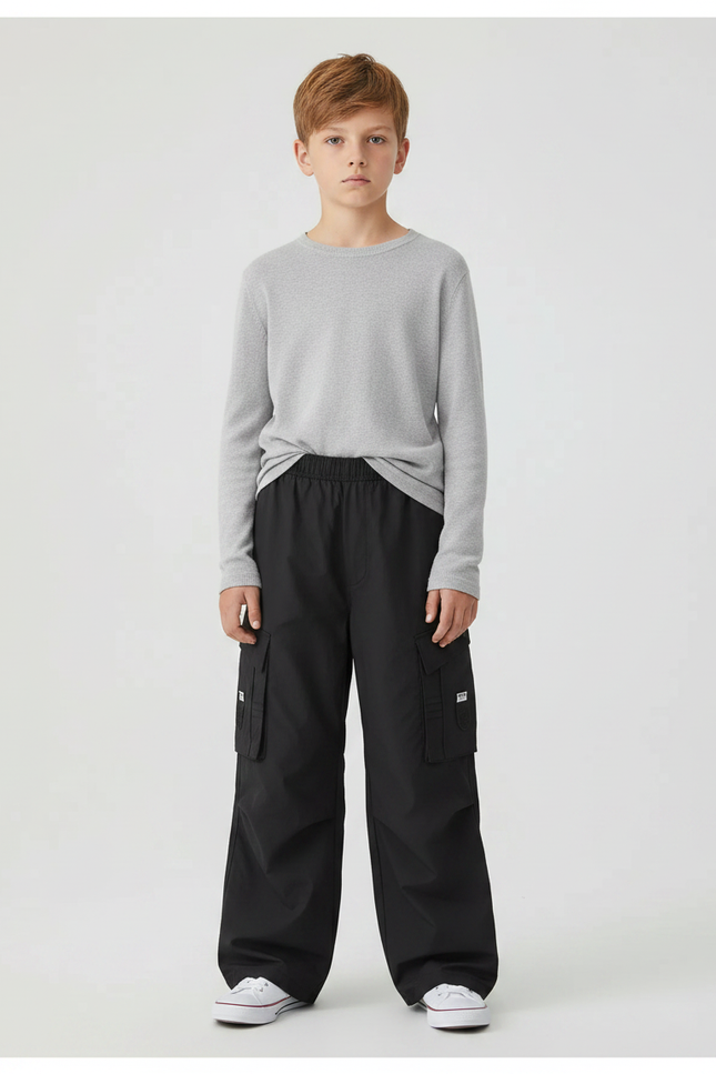 Pantalon Fluide Noir Ample Cargo Coton Enfant