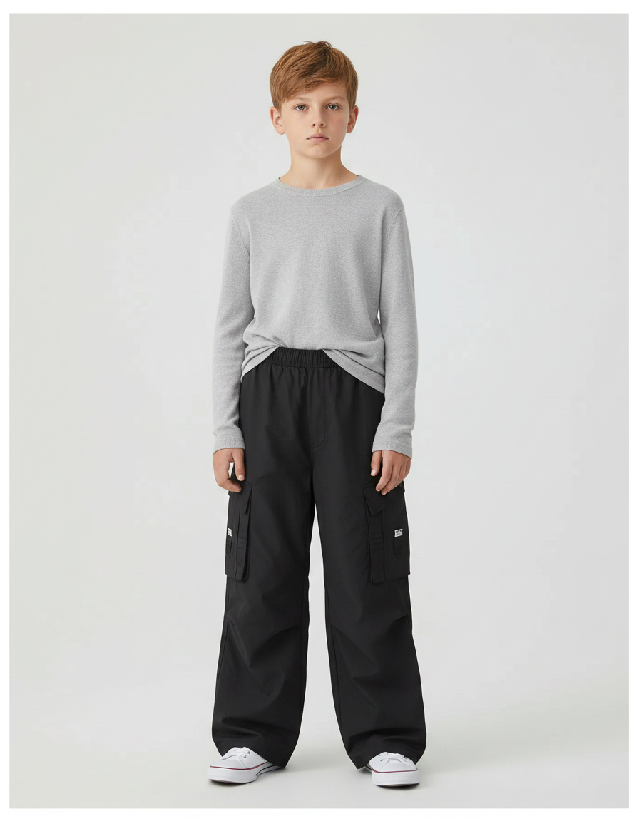 Pantalon Fluide Noir Ample Cargo Coton Enfant