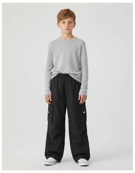 Pantalon Fluide Noir Ample Cargo Coton Enfant