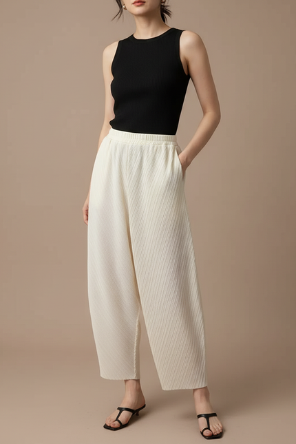 Pantalon Fluide Écru Plissé Ample Décontracté Confortable - Beige Polyester