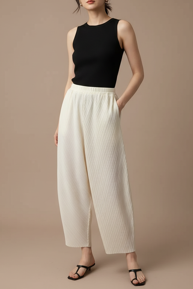 Pantalon Fluide Écru Plissé Ample Décontracté Confortable - Beige Polyester