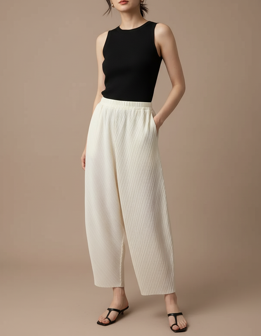 Pantalon Fluide Écru Plissé Ample Décontracté Confortable - Beige Polyester
