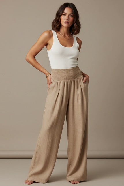 Pantalon Fluide Crêpe Femme Beige - Viscose