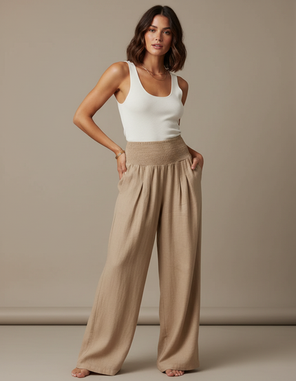Pantalon Fluide Crêpe Femme Beige - Viscose