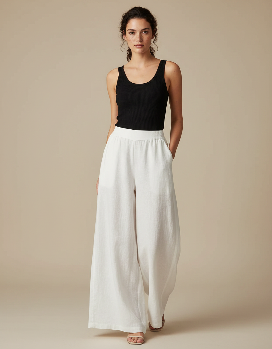 Pantalon Fluide Femme Blanc Palazzo Lin