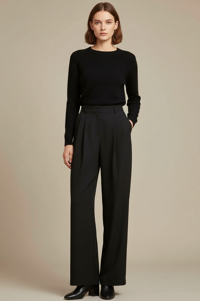 Pantalon Fluide Noir Ample Taille Haute Droit Femme - Polyester