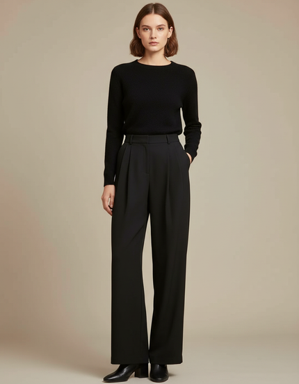 Pantalon Fluide Noir Ample Taille Haute Droit Femme - Polyester