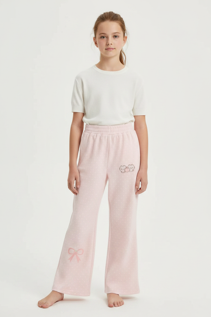 Pantalon Fluide Rose Ample Pois Brodé Enfant - Molleton