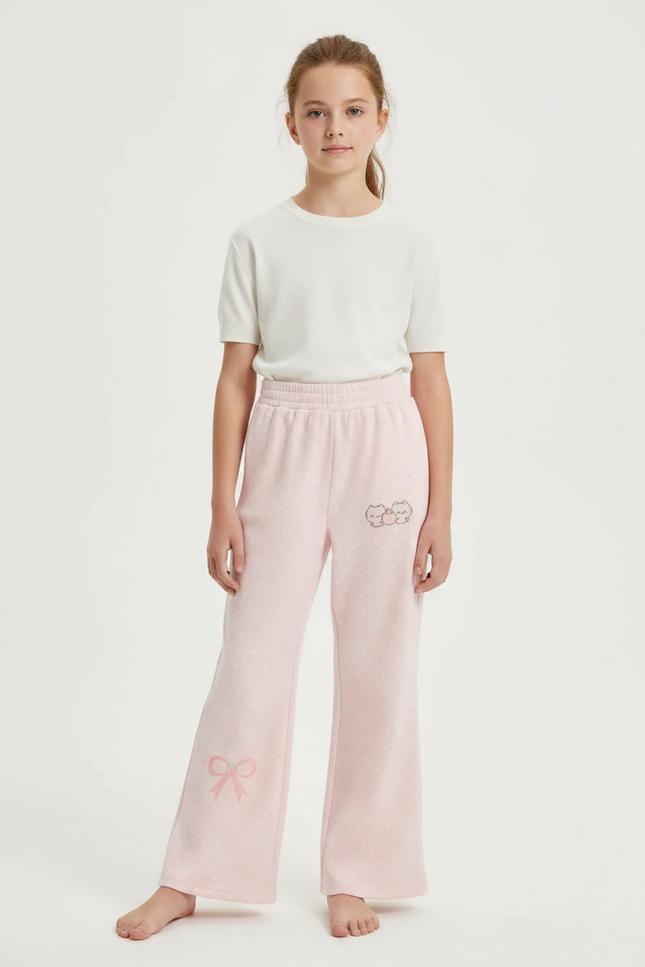 Pantalon Fluide Rose Ample Pois Brodé Enfant - Molleton