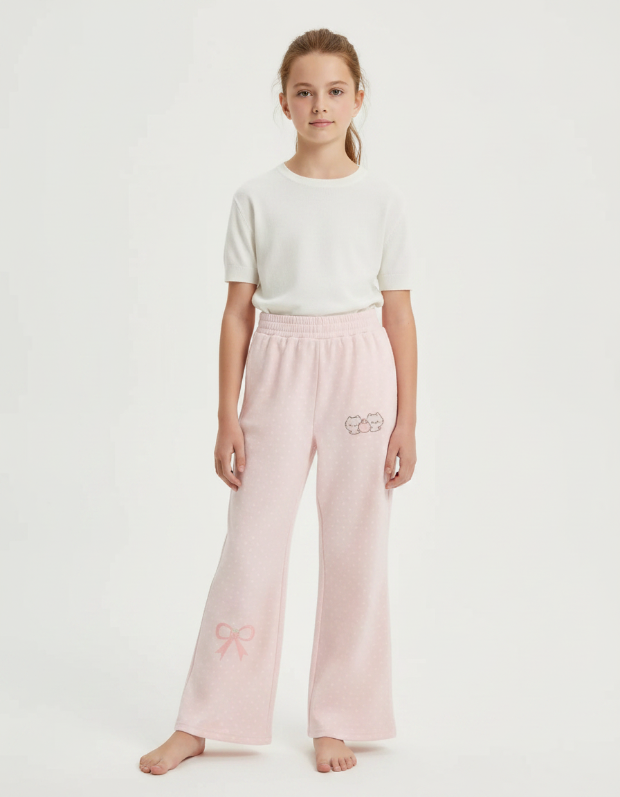 Pantalon Fluide Rose Ample Pois Brodé Enfant - Molleton