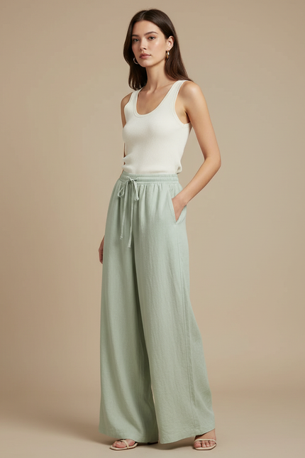 Pantalon Fluide Vert Ample Lin Cordon Femme