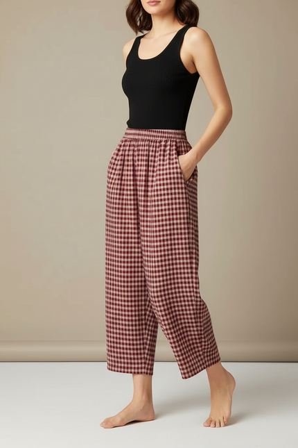 Pantalon Fluide Carreaux Rouges Ample Coton Confortable