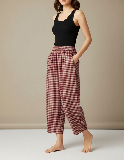 Pantalon Fluide Carreaux Rouges Ample Coton Confortable