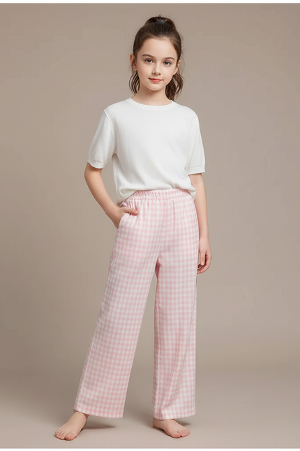 Pantalon Fluide Rose Carreaux Ample Décontracté Fille - Coton
