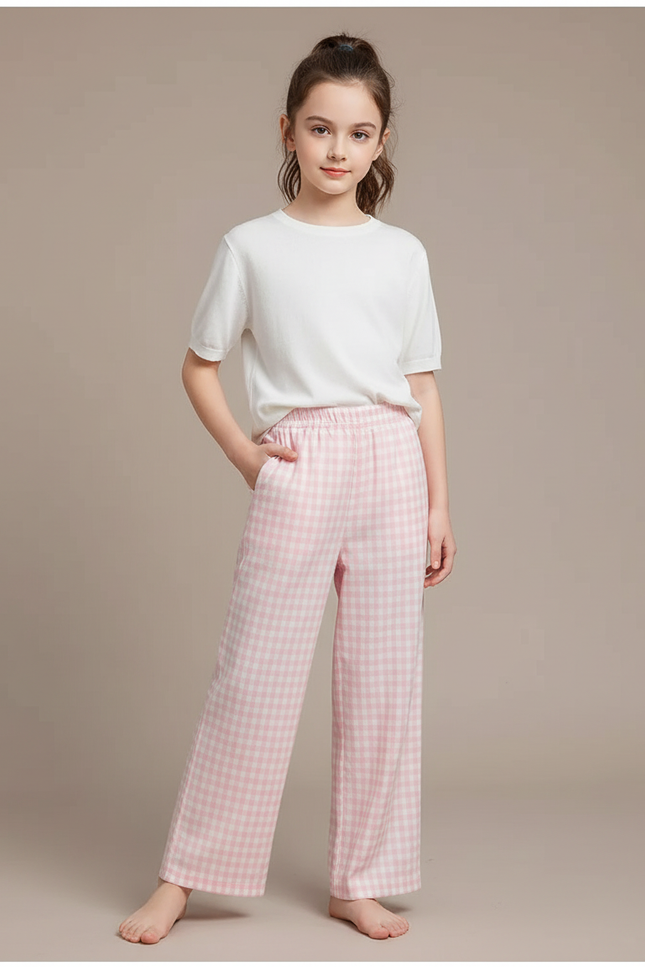 Pantalon Fluide Rose Carreaux Ample Décontracté Fille - Coton