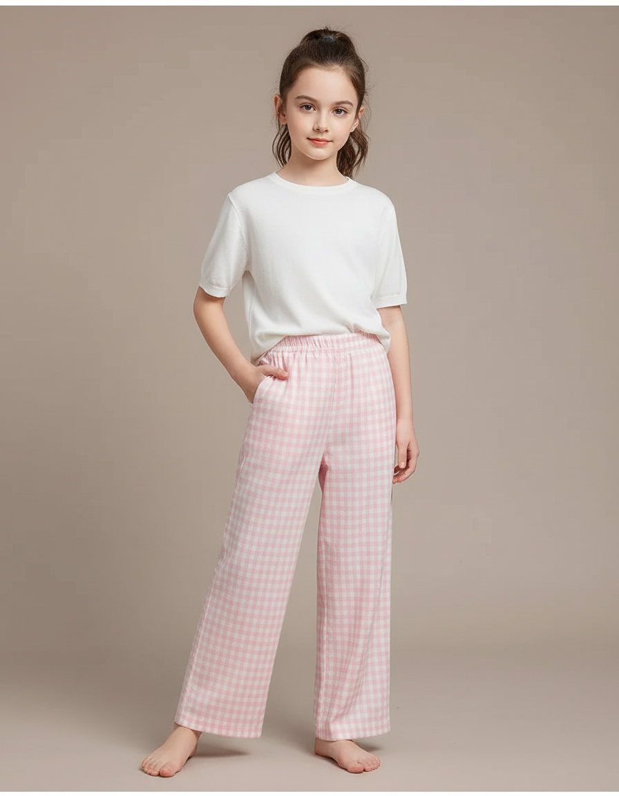 Pantalon Fluide Rose Carreaux Ample Décontracté Fille - Coton