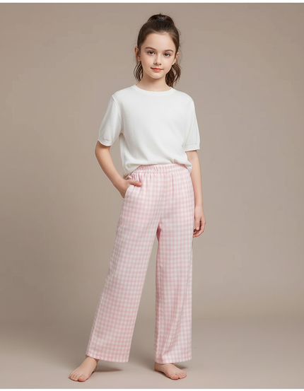 Pantalon Fluide Rose Carreaux Ample Décontracté Fille - Coton