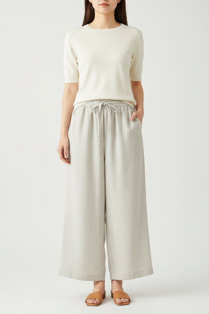 Pantalon Fluide Beige Large Décontracté Lin Cordon
