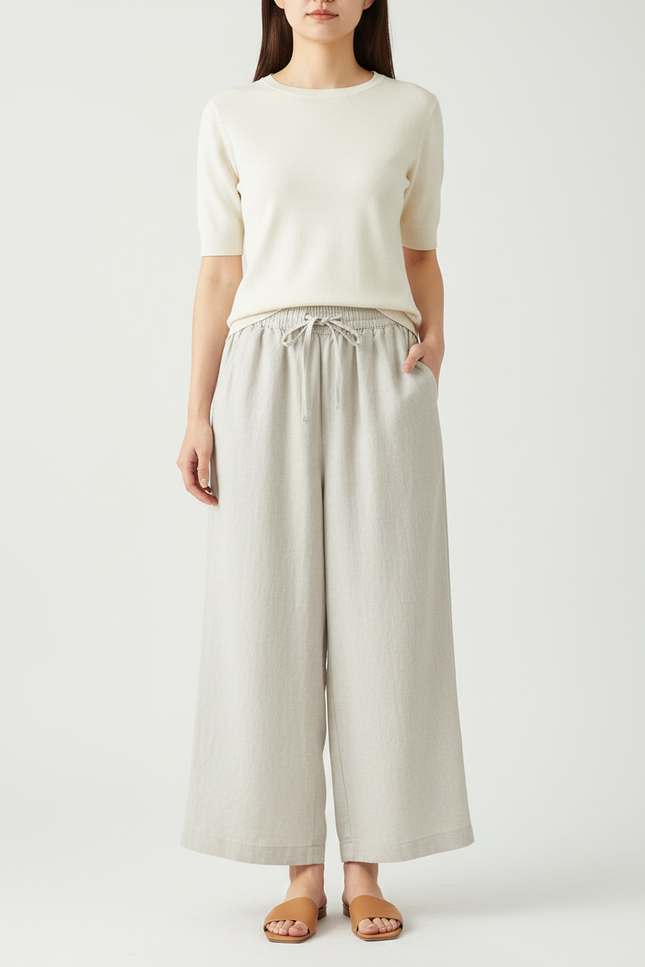 Pantalon Fluide Beige Large Décontracté Lin Cordon