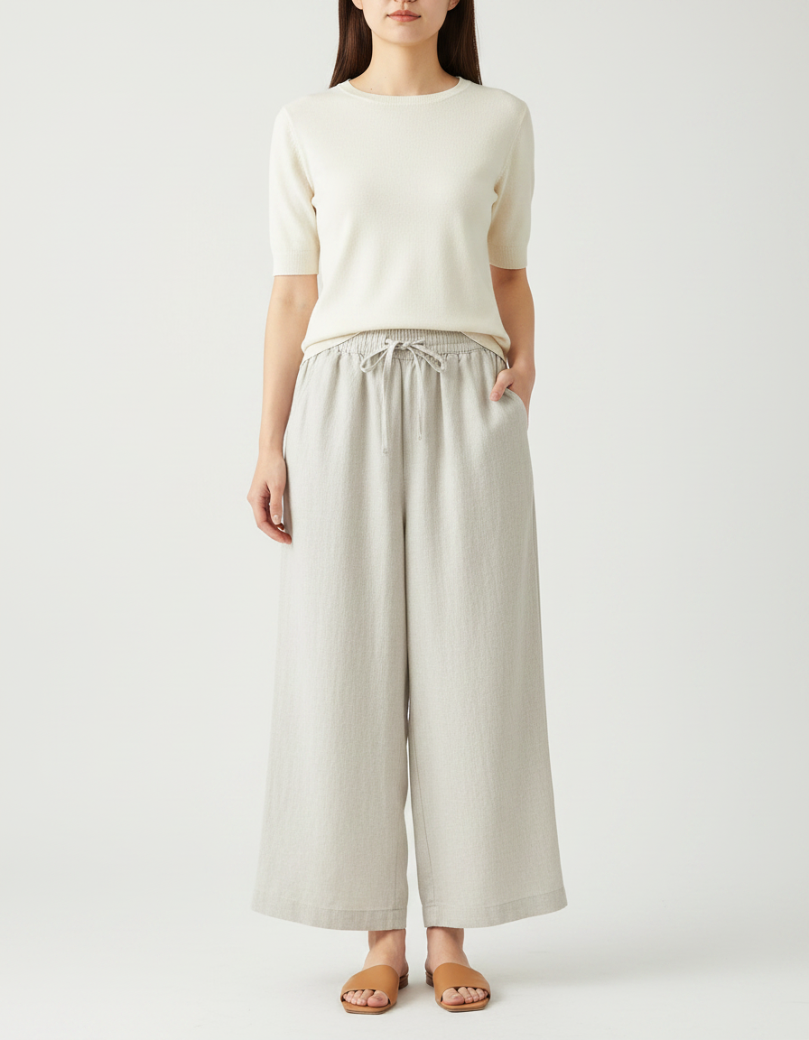 Pantalon Fluide Beige Large Décontracté Lin Cordon