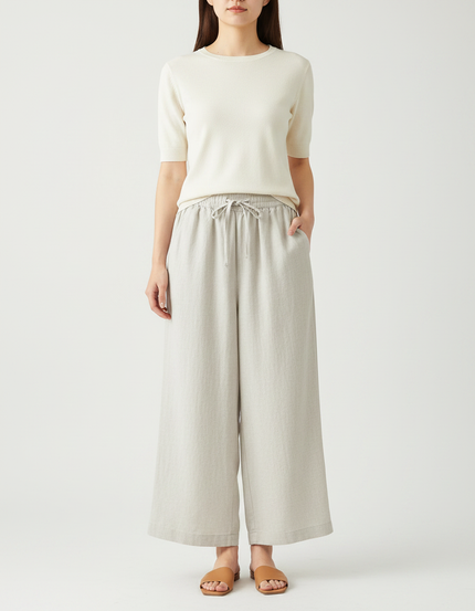 Pantalon Fluide Beige Large Décontracté Lin Cordon