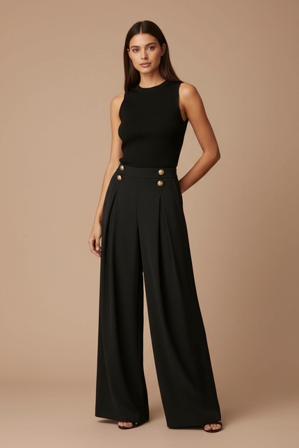 Pantalon Fluide Noir Ample Taille Haute Boutons Dorés - Polyester