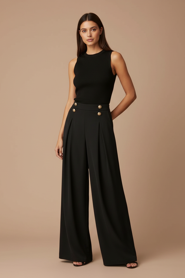 Pantalon Fluide Noir Ample Taille Haute Boutons Dorés - Polyester