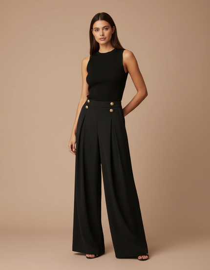 Pantalon Fluide Noir Ample Taille Haute Boutons Dorés - Polyester