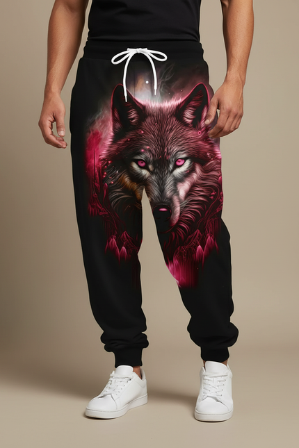 Pantalon Fluide Noir Ample Imprimé Loup Rouge Cordon Homme - Molleton