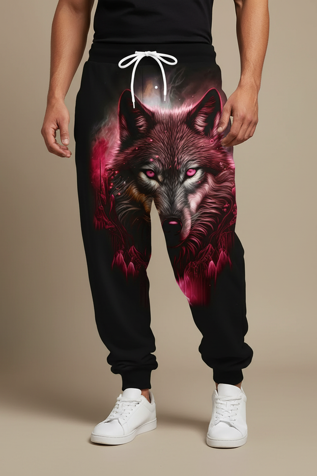 Pantalon Fluide Noir Ample Imprimé Loup Rouge Cordon Homme - Molleton
