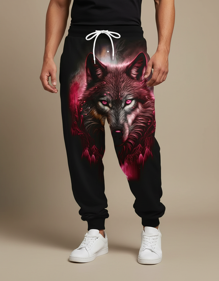 Pantalon Fluide Noir Ample Imprimé Loup Rouge Cordon Homme - Molleton