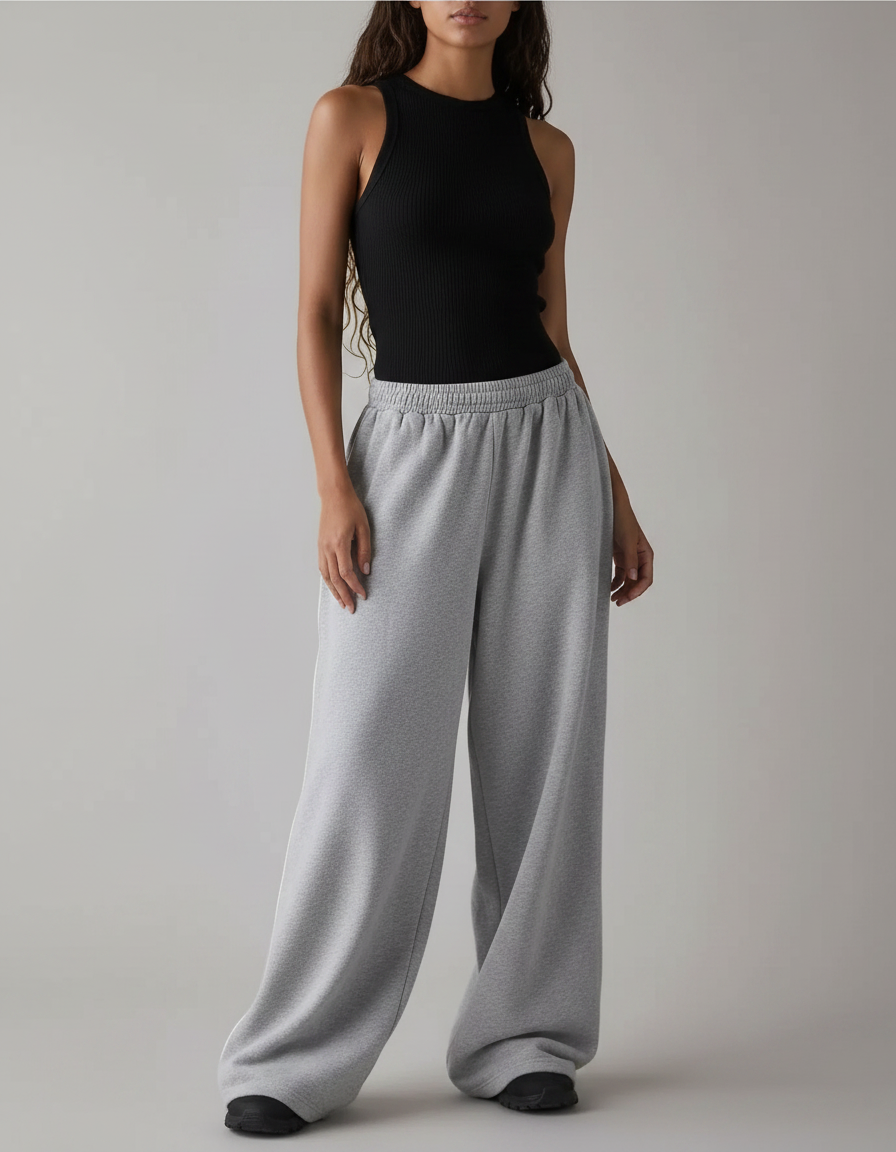 Pantalon Fluide Gris Ample Décontracté Confortable - Molleton