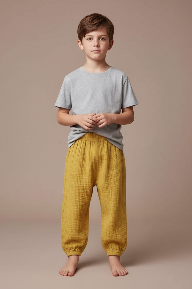 Pantalon Fluide Jaune Moutarde Gaze Ample Enfant - Coton