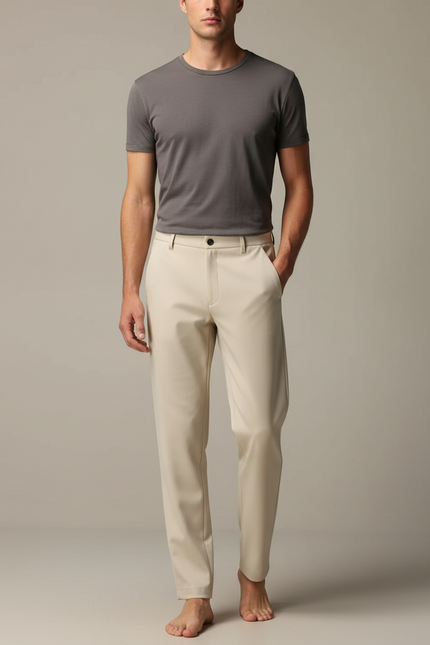 Pantalon Fluide Homme Beige Droit Léger Extensible Soie