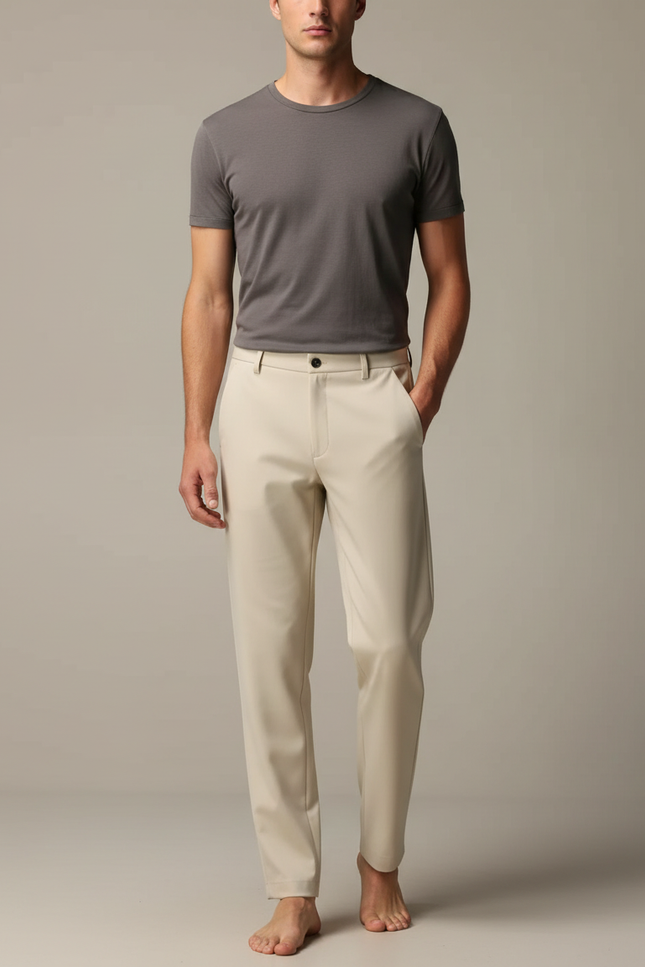 Pantalon Fluide Homme Beige Droit Léger Extensible Soie