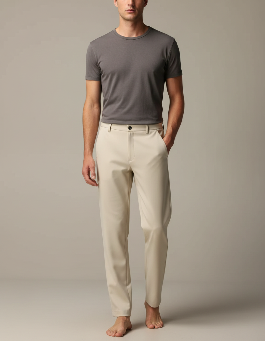 Pantalon Fluide Homme Beige Droit Léger Extensible Soie