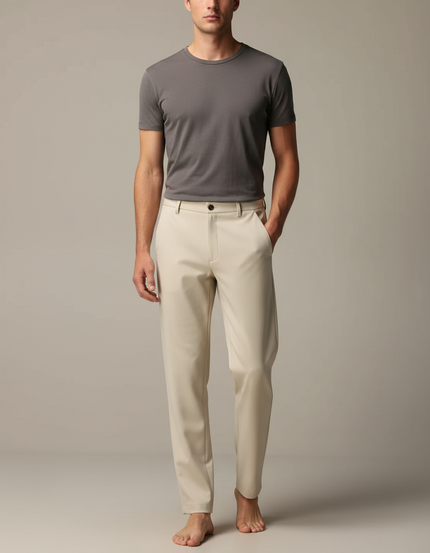 Pantalon Fluide Homme Beige Droit Léger Extensible Soie