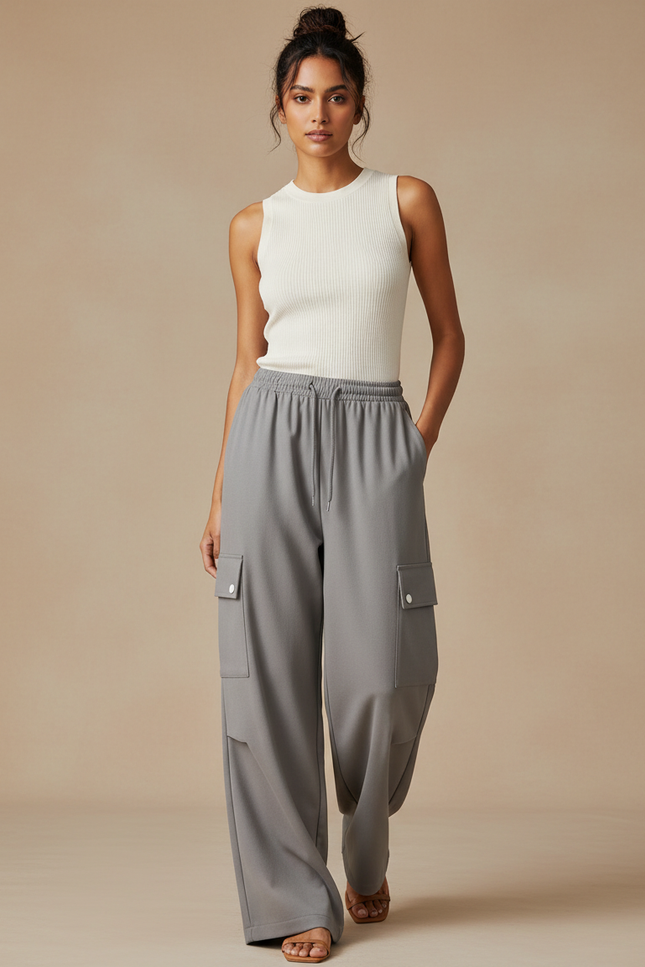 Pantalon Fluide Cargo Gris Ample Cordon Décontracté Femme - Polyester