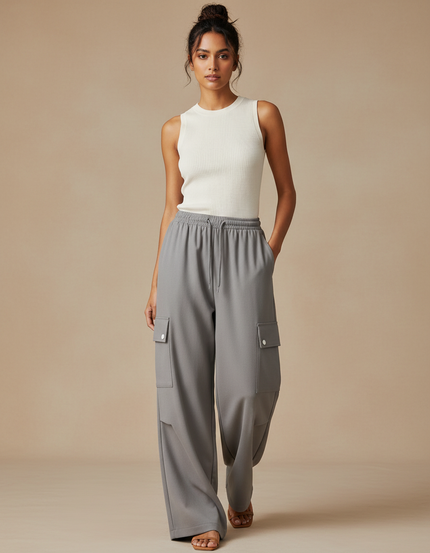 Pantalon Fluide Cargo Gris Ample Cordon Décontracté Femme - Polyester