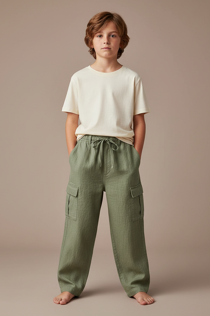 Pantalon Fluide Vert Kaki Cargo Lin Garçon