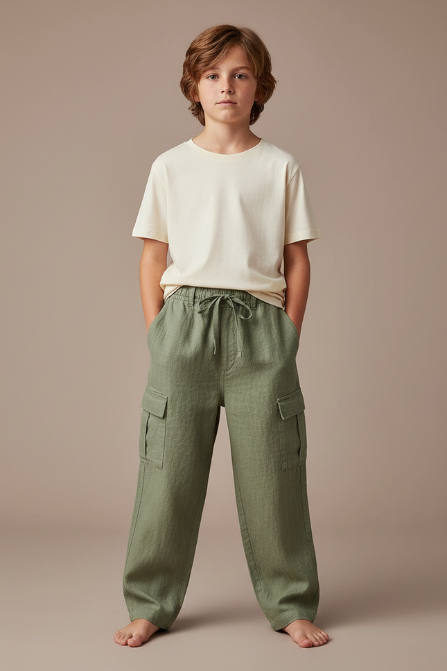 Pantalon Fluide Vert Kaki Cargo Lin Garçon