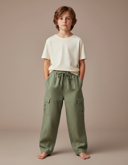 Pantalon Fluide Vert Kaki Cargo Lin Garçon