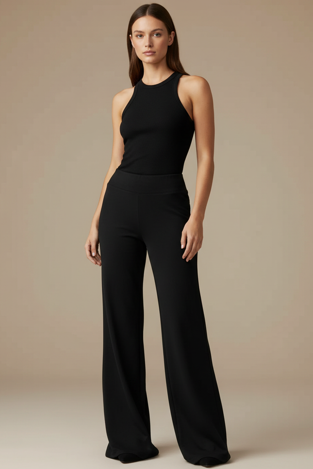 Pantalon Fluide Noir Ample Taille Haute Élégant Décontracté - Viscose