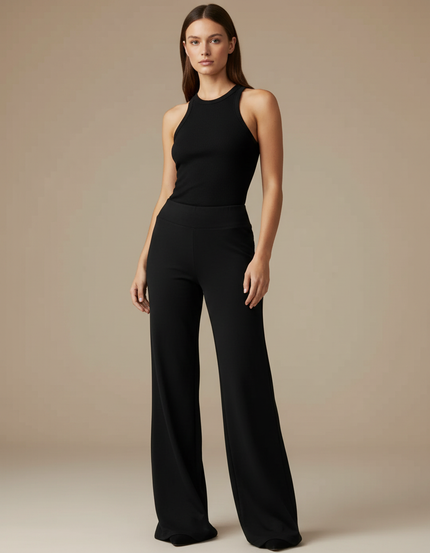 Pantalon Fluide Noir Ample Taille Haute Élégant Décontracté - Viscose