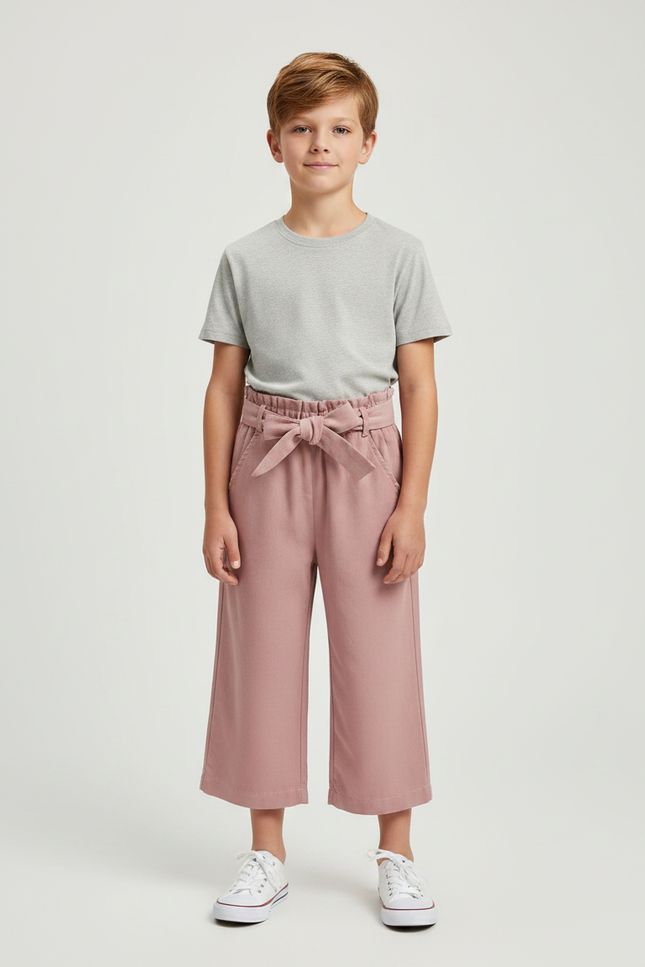 Pantalon Fluide Rose Coton Ample Ceinturé Enfant